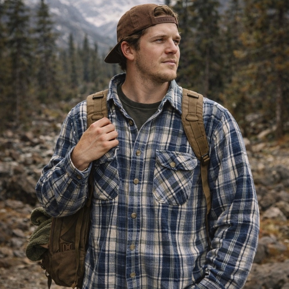 Alaska 1959 Wilderness Gear Shirt Mens Long Sleeve Blue Plaid Pockets Flannel LG